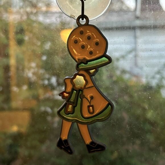 Other - VTG Stained Glass Holly Hobbie Bonnet Girl Sun Catcher Window Art Yellow Green
